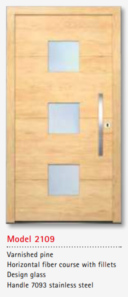 UNILUX Model 2109 Pine Door, Horizontal Fiber, Fillets, Design Glass, High Security, Modern Timber Front Door